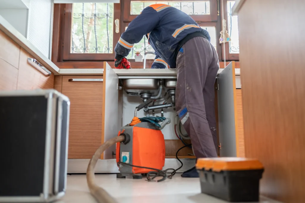 A plumber performing drain cleaning in Lafayette, IN